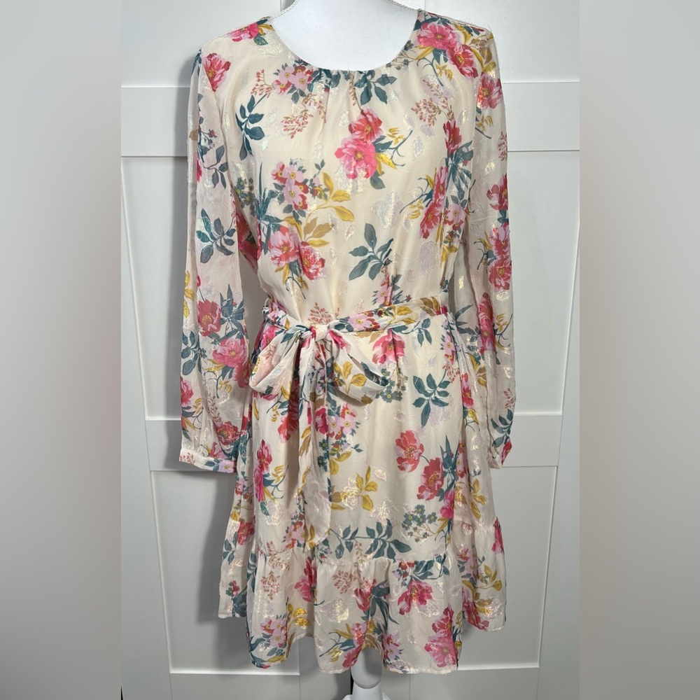 Loft Floral Shimmer Shift Dress Sash Belt Women’s Size 10